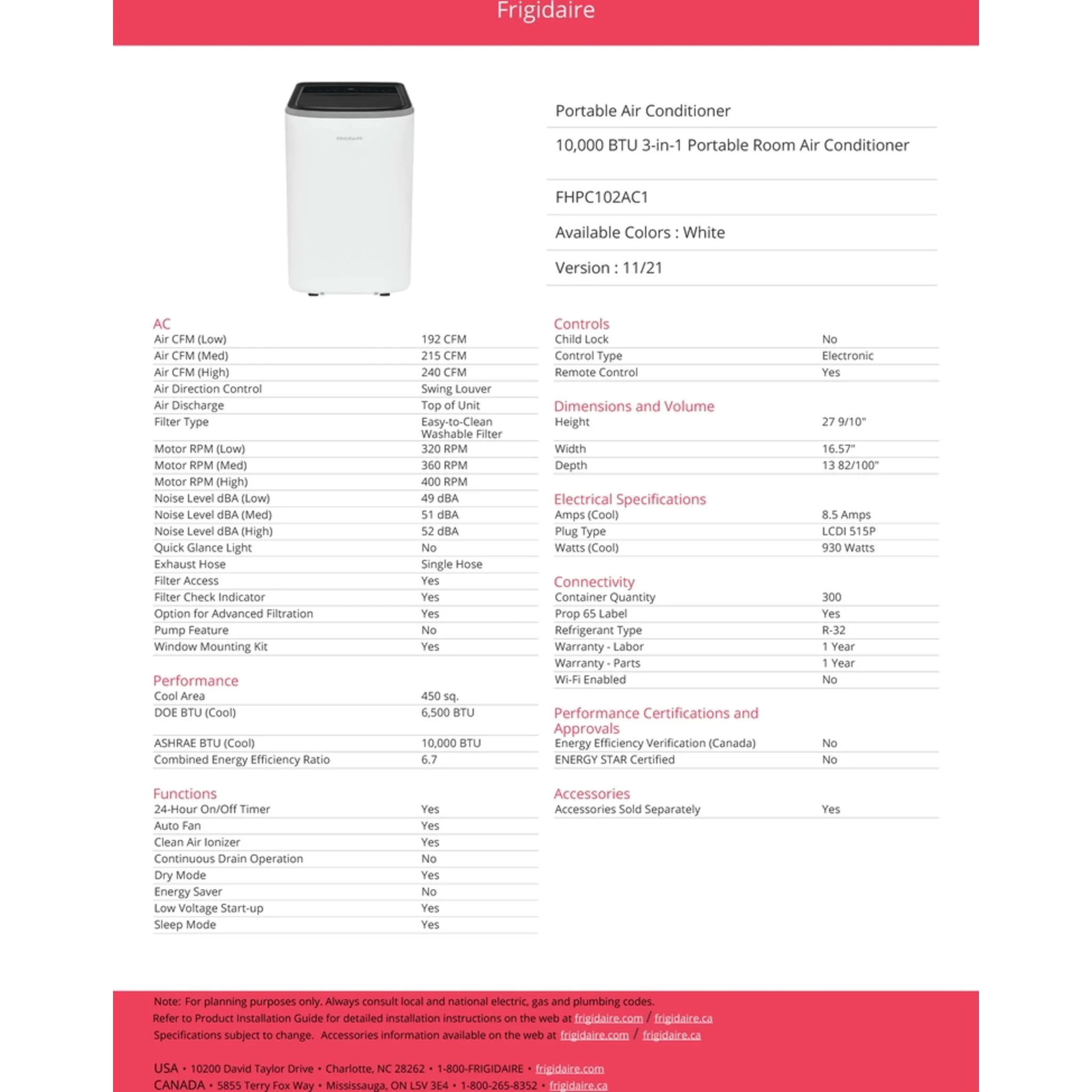 Frigidaire 3-in-1 Portable Room Air Conditioner 10,000 BTU (ASHRAE) / 6,500 BTU (DOE) - White(FHPC102AC1) - Image 8