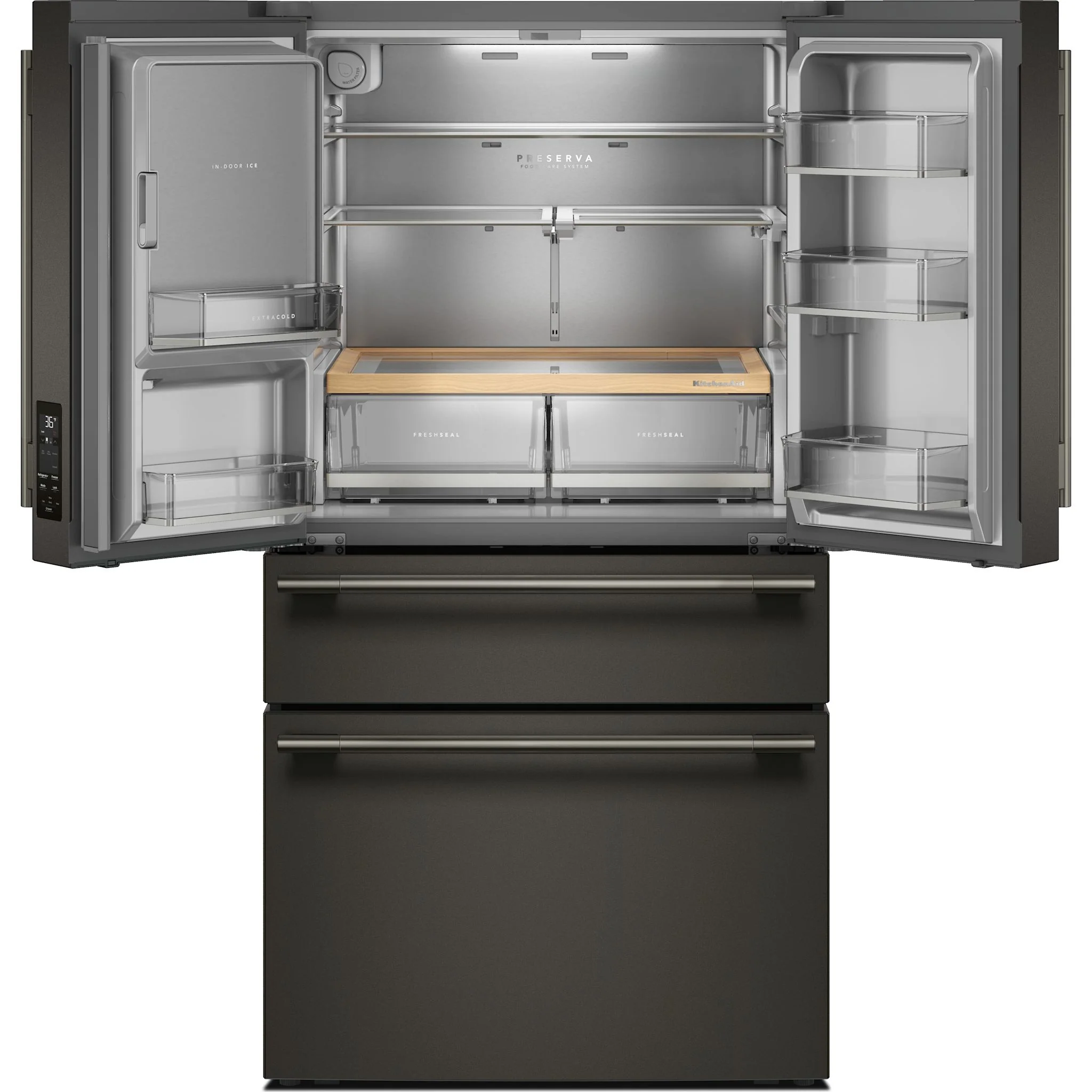 KitchenAid 29 cu. ft. French Door Refrigerator with Exterior Water and Ice and FreshChillFull-Width Refrigerated Drawer -Black Ore (KRMF436SBE) - Image 3