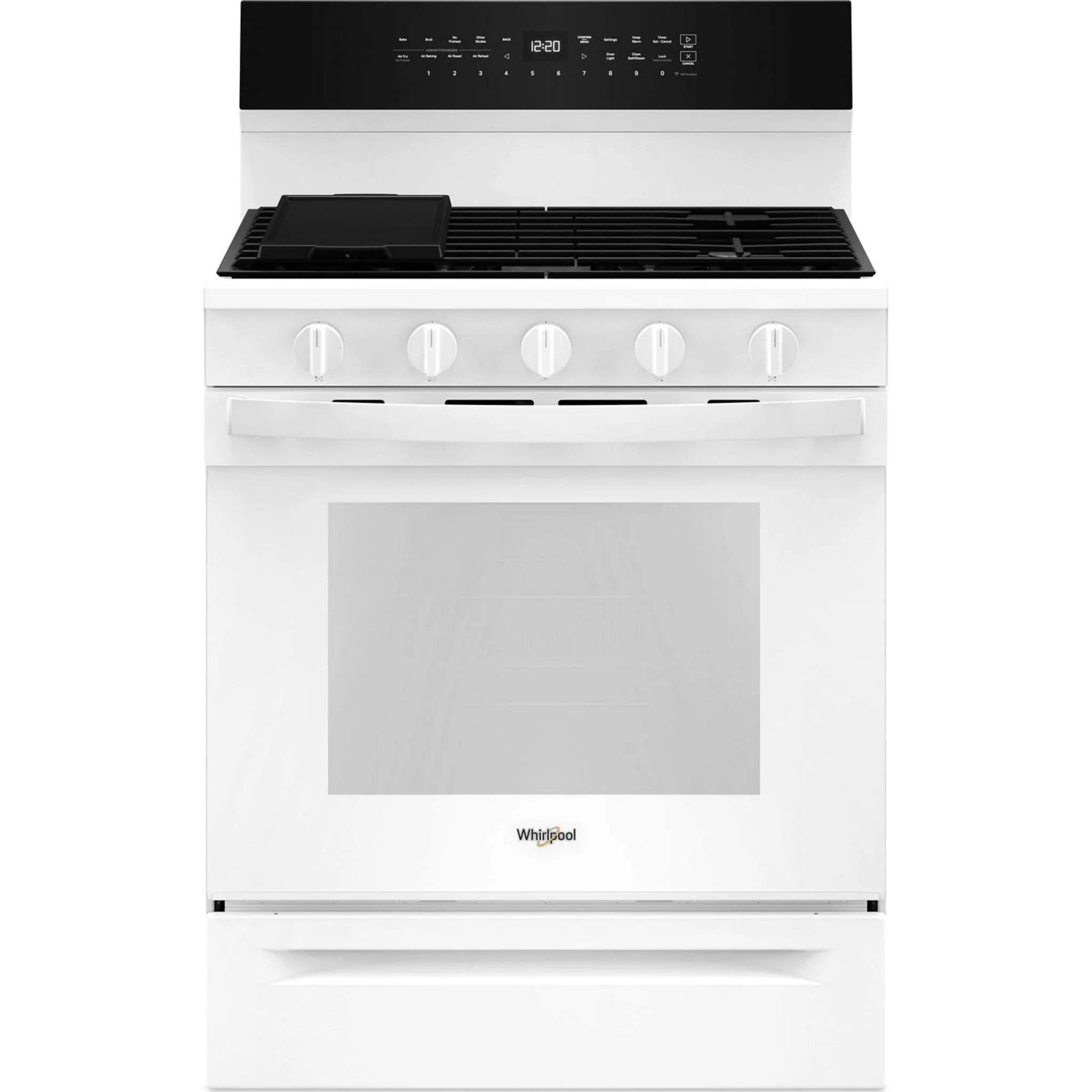 Whirlpool 30-inch Smart Gas Range with Air Cooking Technology, Steam/Self Cleaning, Rapid Preheat 5.3 CuFt Capacity -White (WFGS7530RW)