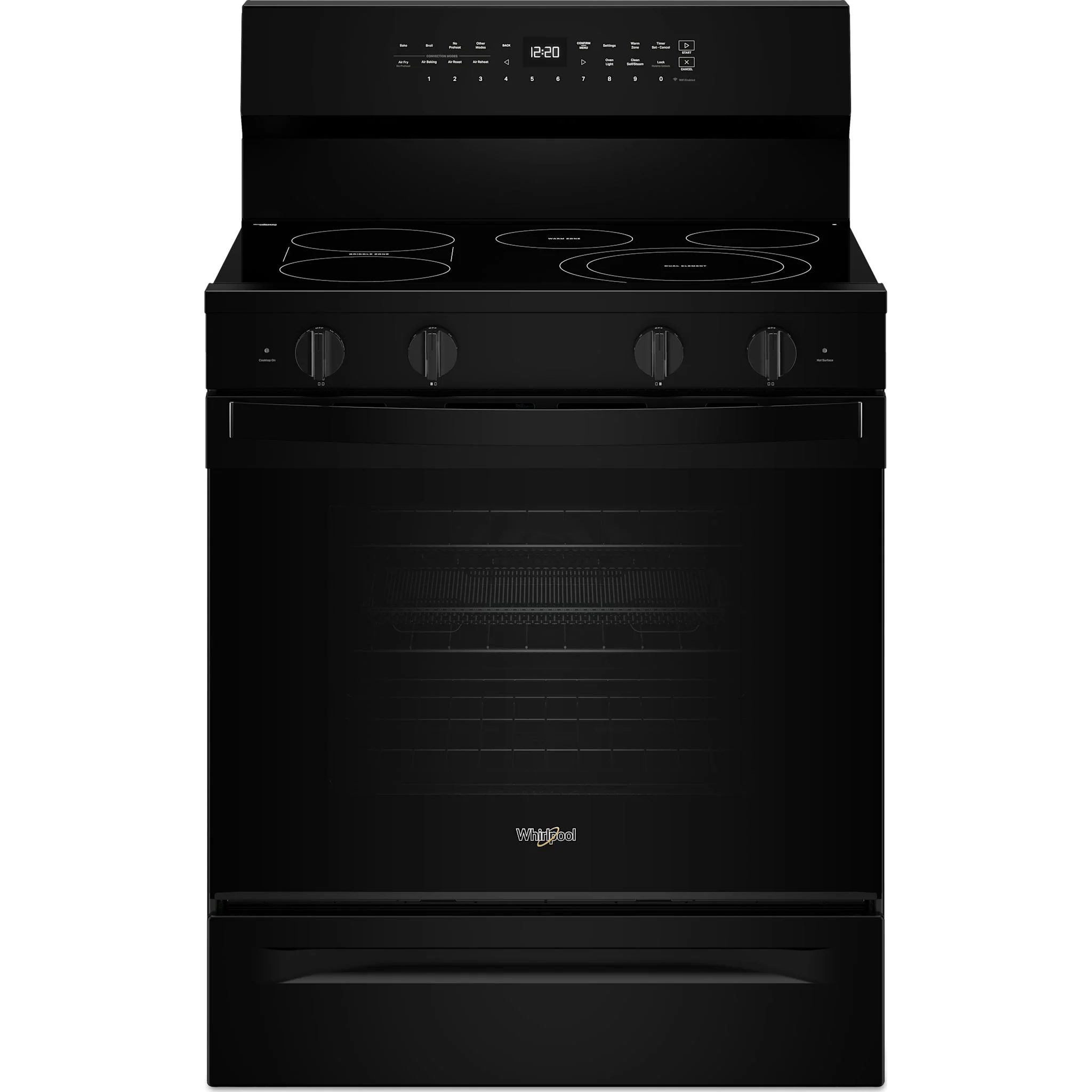 Whirlpool 30-inch Smart Electric Smart Range with Air Cooking Technology, No Preheat Air Fry, High Speed Preheat Oven, WipeCleanCoating, and Steam/Self Clean -Black (YWFES7530RB)